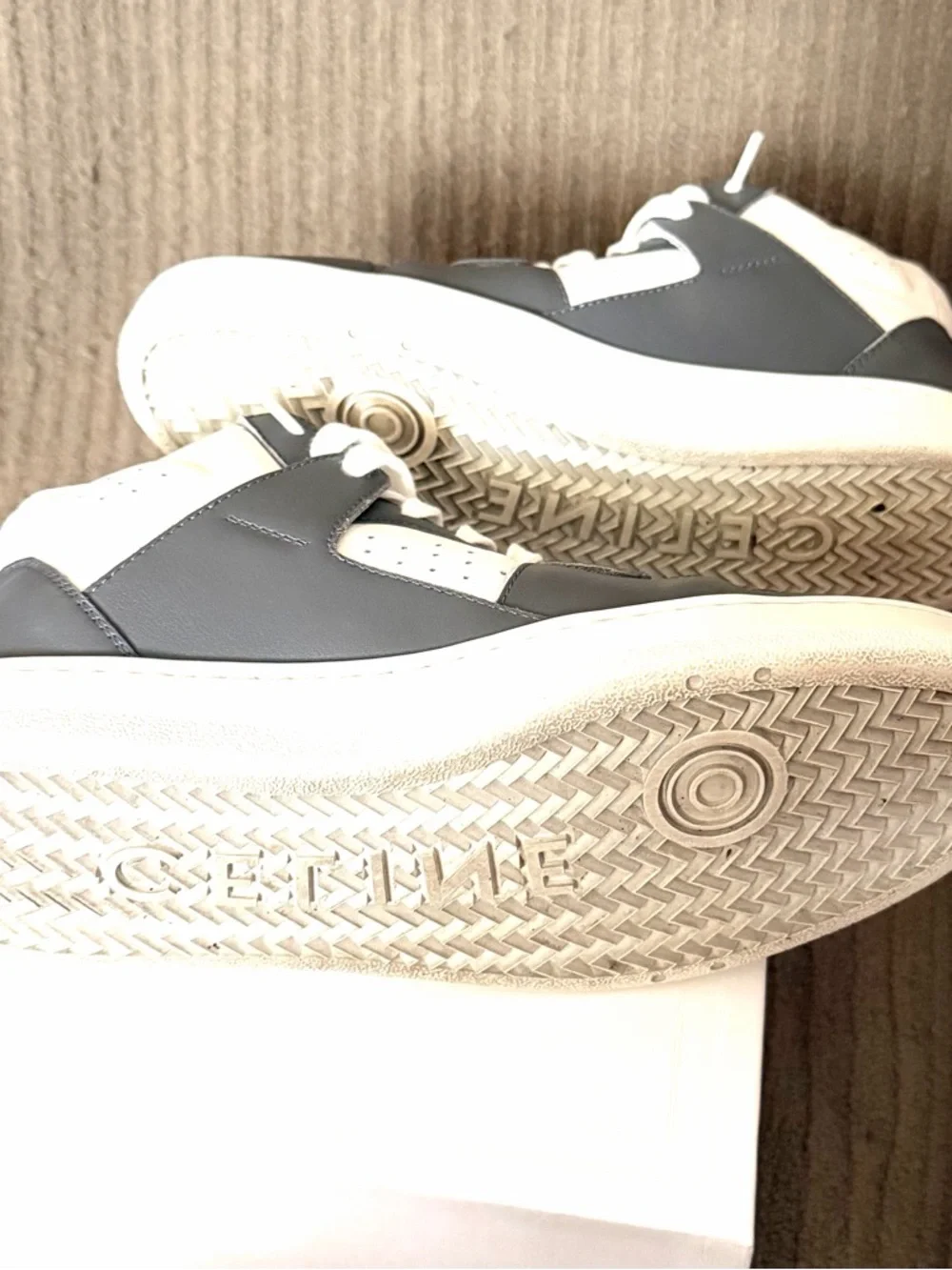 Celine White and Gray Leather Mid- Top Sneakers - Picture 6 of 7